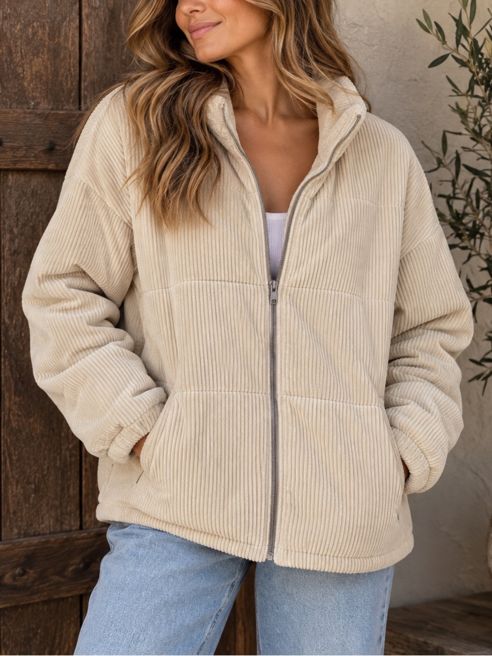 Roxy Womens Cream Corduroy Teddy Sherpa Jacket XL